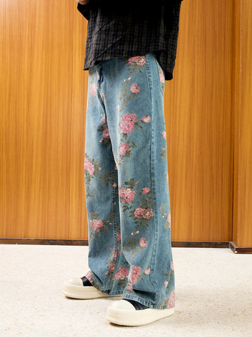 Floral Print Straight Jeans