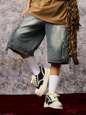 High-Waisted Multi-Pocket Denim Cargo Shorts