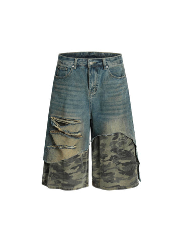 Distressed Camouflage Hem Denim Shorts