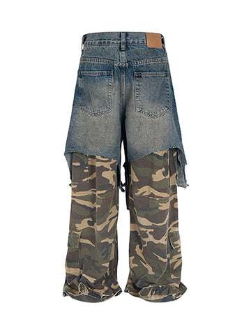 RETRO® Stitching Faux Two-Piece Camouflage Jeans